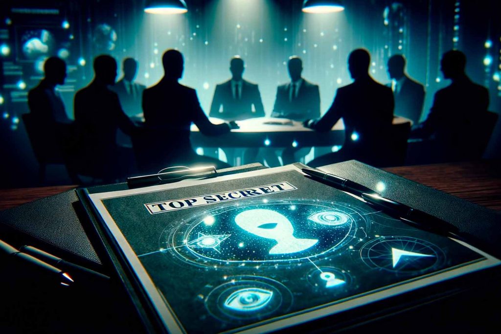 Primer plano de un documento confidencial marcado 'Top Secret' rodeado de figuras sombrías en una habitación oscura con símbolos brillantes que representan telepatía y clarividencia.