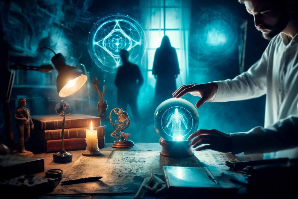 Primer plano de las manos de un científico sosteniendo un objeto misterioso y brillante, con símbolos paranormales intrincados y notas dispersas sobre la mesa.