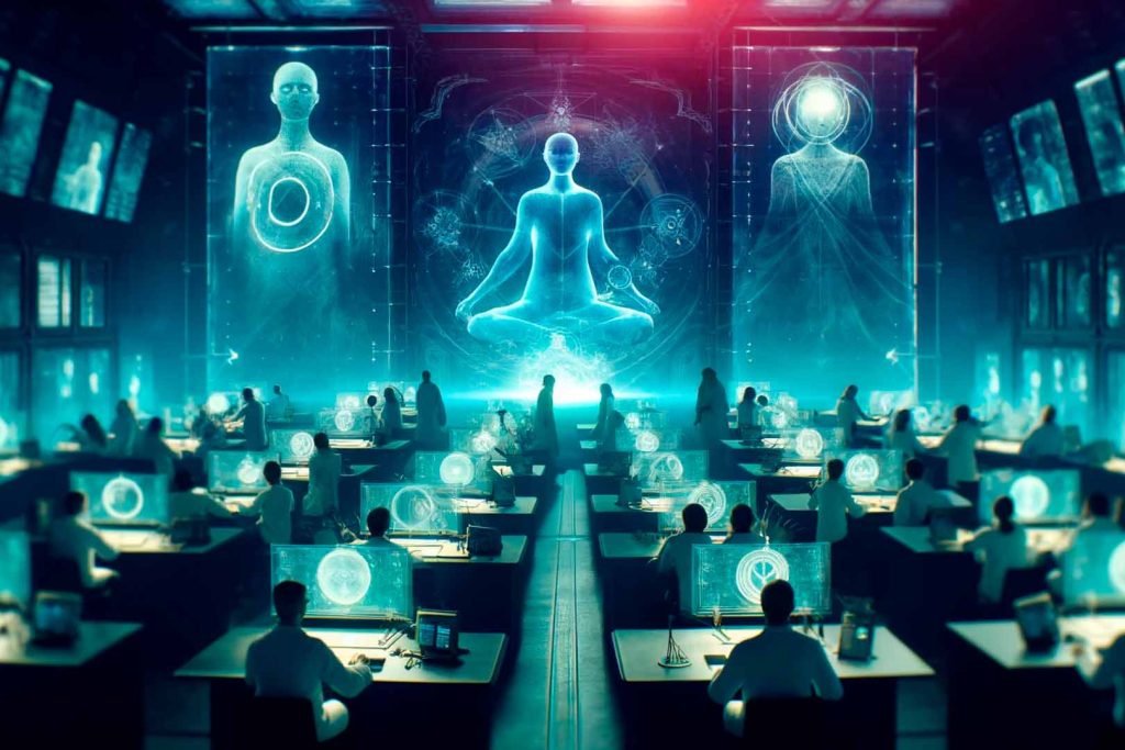 Vista de ángulo amplio de un laboratorio de alta tecnología con científicos realizando experimentos parapsicológicos, símbolos paranormales brillantes y oficiales del gobierno observando desde las sombras.