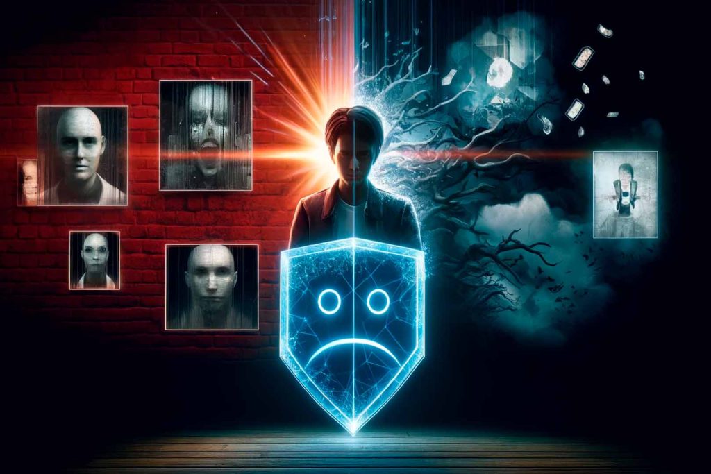 Ilustración de los mecanismos de defensa psicológica, mostrando diferentes formas en que la mente protege al individuo de la ansiedad.