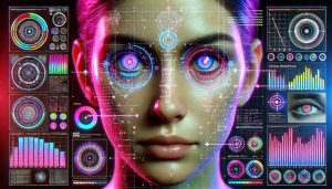 "Análisis de microexpresiones faciales en alta definición, con indicadores gráficos en ojos, labios y frente.
